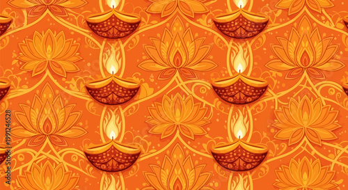 Traditional Indian Clay Oil Lamps Diya Repeating Pattern Design.