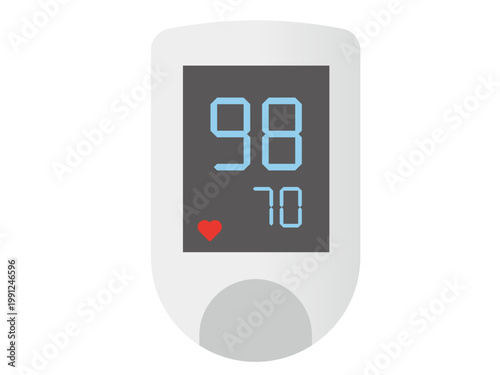 Pulse Oximeter Vector Illustration: Flat Style Digital Blood Oxygen Saturation Monitor with Heart Rate Display Isolated on White