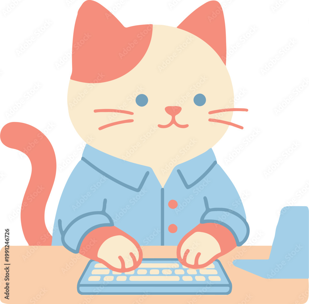 Fototapeta premium Cute Siamese Cat Developer Character Using Laptop, Kawaii Kitten Working at Desk Illustration 