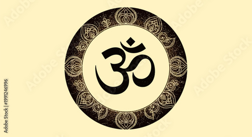Spiritual Om Symbol Within Ornate Circular Mandala Frame Illustration.