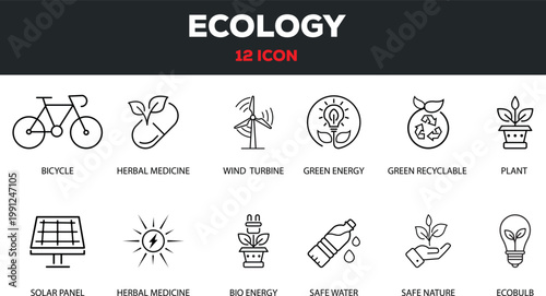 Ecology Line Icon Set with Green Energy, Recycling, Solar Panel and Nature Symbols.