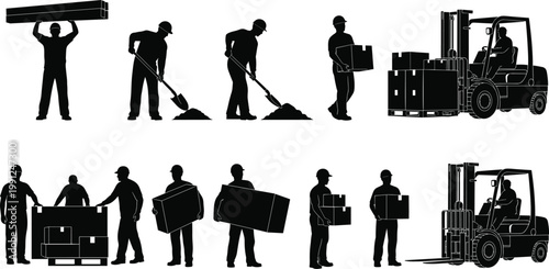 Silhouettes of warehouse workers and construction laborers using forklifts, shovels, and carrying heavy boxes for logistics, transport, and site management operations