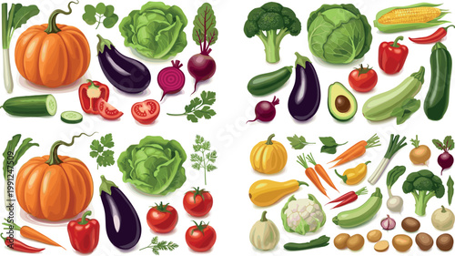 Assorted fresh vegetables set with pumpkin eggplant cabbage broccoli tomato and greens healthy food flat vector illustration