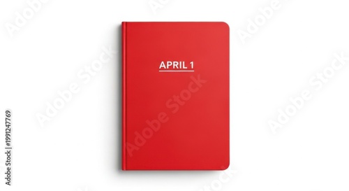 Red Notebook Design April First Theme Hardcover Diary Mockup Minimalist Journal Style Spring Calendar Concept Office Planner Layout Daily Agenda Object Stationery Book Wallpaper Background image