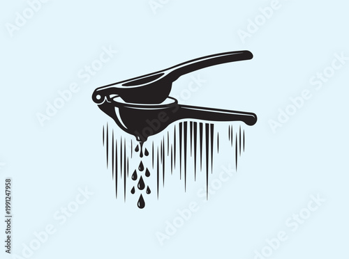 Isolated black symbol of a citrus squeezer with tear-shaped juice droplets to signify fresh lemon and lime juice production for modern food service and recipe guides