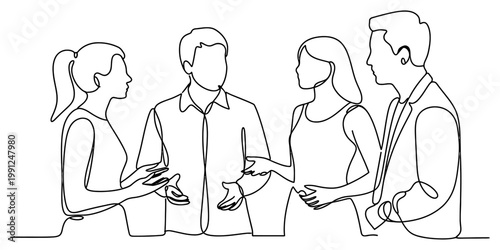 A single line drawing illustration of four young people having a casual social conversation today isolated on white background, Vector, illustration
