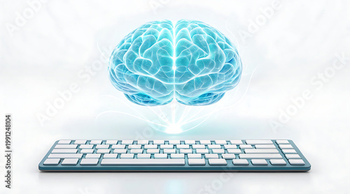 Wallpaper Mural Glowing neural brain above keyboard representing artificial intelligence and digital thought, futuristic glowing network and fluid energy Torontodigital.ca