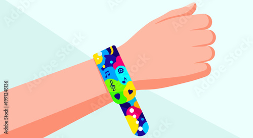 Colorful heart shaped wristband on arm.