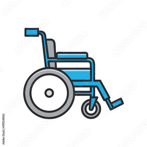 Flat vector illustration of a medical wheelchair for patient mobility.