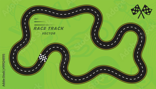 Creative vector illusion of race track or road symbol isolated on green background.