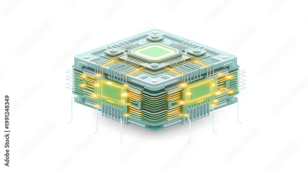 custom made wallpaper toronto digitalIsometric ai brain machine layered circuit, ai chip, stacked processor, glowing neural core, layered circuit board, green light, futuristic