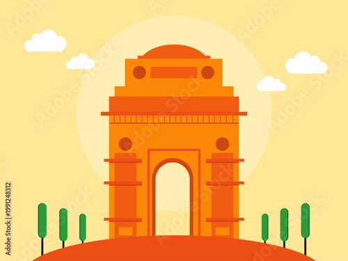 India Gate, a historic war memorial located in New Delhi, India. India illustrations. Flat vector concepts.