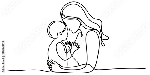 A minimalist single line drawing illustration depicting a mother holding her baby with affection isolated on white background, Vector, illustration