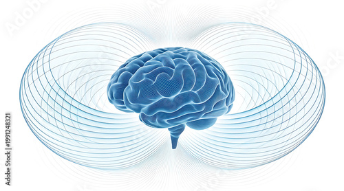 Wallpaper Mural Blue human brain with flowing magnetic waveform and circular ripple patterns conveying neural energy and cognition Torontodigital.ca