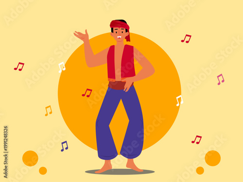 A man wearing traditional Indian clothing, possibly performing a cultural dance or song. India illustrations. Flat vector concepts.