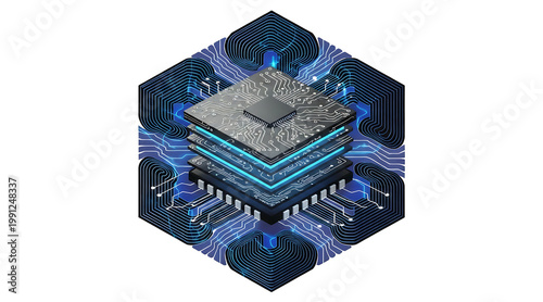 Wallpaper Mural Isometric ai brain machine layered circuit processor chip with glowing blue neural pathways and stacked motherboard layers expressing futuristic Torontodigital.ca