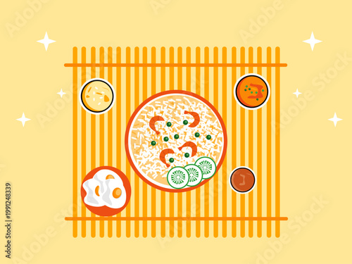 A typical Singaporean dinner set featuring fried rice as the main dish. India illustrations. Flat vector concepts.