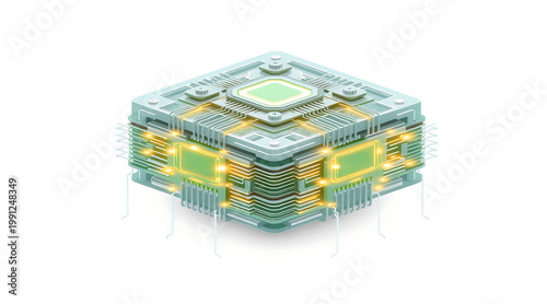 Wallpaper Mural Isometric ai brain machine layered circuit, ai chip, stacked processor, glowing neural core, layered circuit board, green light, futuristic Torontodigital.ca