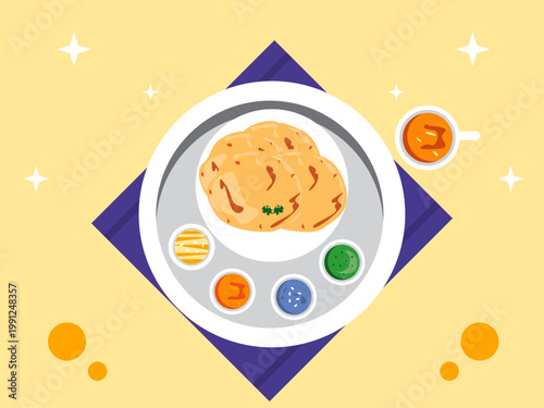 Indian food, commonly known as Thali. India illustrations. Flat vector concepts.