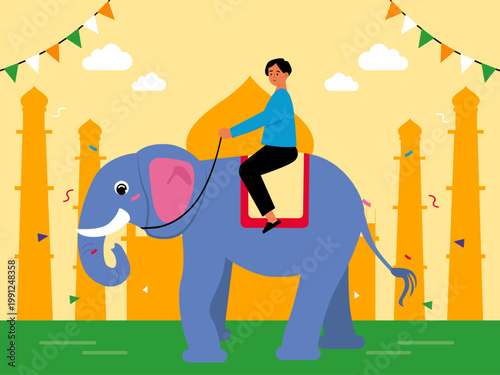 Cultural events such as the Elephant Festival in India or similar Asian celebrations where elephants are decorated and ridden. India illustrations. Flat vector concepts.