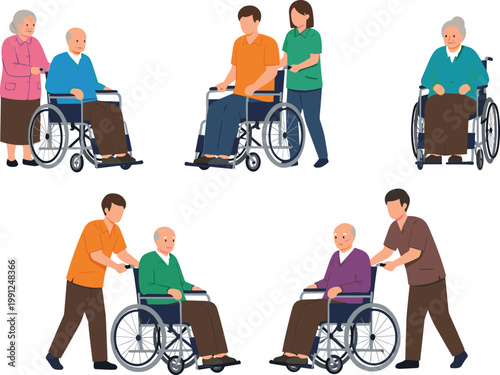 Elderly People in Wheelchair with Caregivers Assistance Senior Support Healthcare Cartoon Character Collection