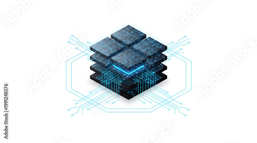 Wallpaper Mural Isometric ai brain machine layered circuit chip stack glowing neural network processor core illuminated electronic architecture Torontodigital.ca