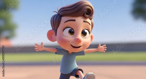 Joyful animated boy character smiling and playing outdoors on a sunny day, showcasing a happy and energetic childhood moment through vibrant 3D rendering