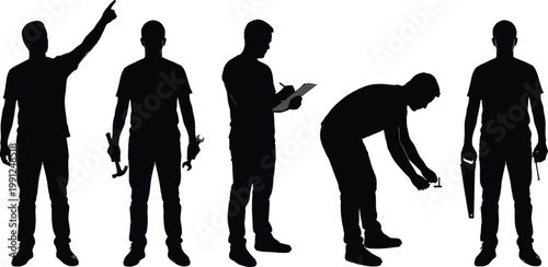 Worker silhouettes set featuring professional technicians and craftsmen with tools like hammer saw and wrench for manual labor maintenance and repair
