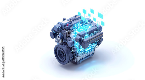 Wallpaper Mural Isometric futuristic engine representing job digital electric engine with glowing circuitry and data nodes, industrial technology concept with Torontodigital.ca