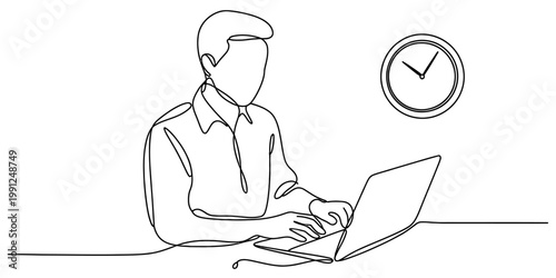 Continuous line art illustration of a professional man working diligently on his laptop computer isolated on white background, Vector, illustration