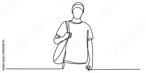 Minimalist single continuous line drawing of a young man carrying a bag over his shoulder today isolated on white background, Vector, illustration