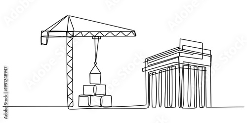 A continuous line drawing of a construction site featuring a crane and a building under progress. isolated on white background, Vector, illustration