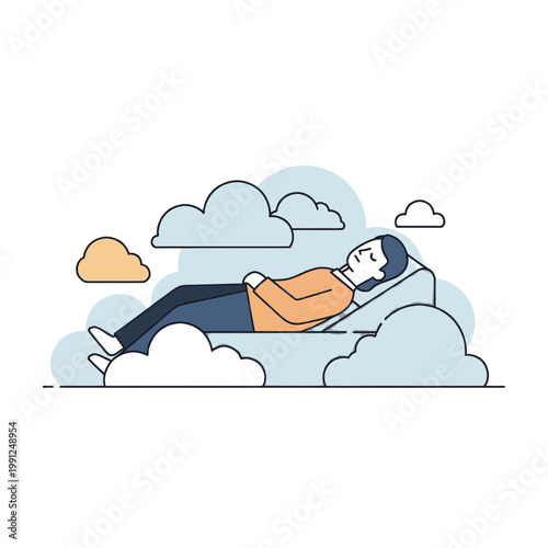 Man peacefully sleeping on a cloud, representing dreams and relaxation.