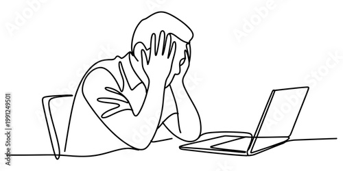 A single line drawing of a frustrated man sitting at his desk looking at his laptop computer screen isolated on white background, Vector, illustration
