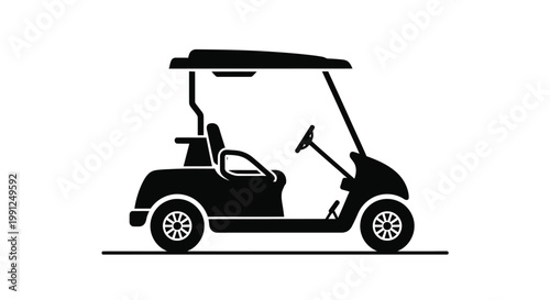 Professional black vector illustration of a golf cart designed with clean lines and simple shapes suitable for sports logos and recreational transportation service graphic projects