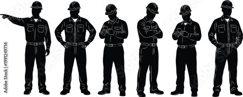 Vector silhouette of construction workers, industrial engineers wearing hard hats, site supervisors, and professional builders standing in different poses