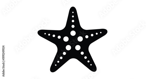Minimalist vector graphic illustration of a black starfish shape featuring circular patterns isolated on a white background for professional creative design and coastal decorative projects