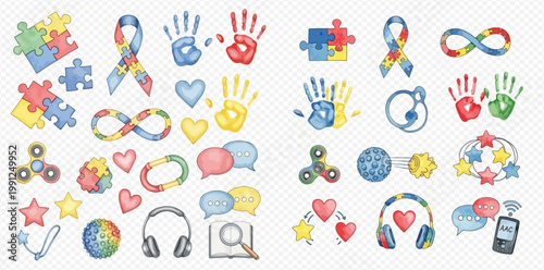 Watercolor Autism Awareness Icons Set: Puzzle Pieces, Ribbons, Handprints, Hearts, and Sensory Tools for Support and Understanding.