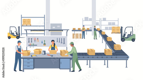 Flat vector illustration of warehouse interior with workers sorting and packing boxes at a workstation