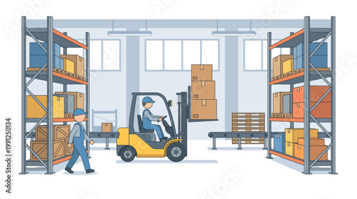 Flat vector illustration of warehouse interior with forklift lifting stacked packages between shelves