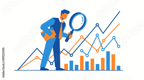 Flat vector illustration of investor analyzing stock performance, magnifying glass focusing on chart lines and data points