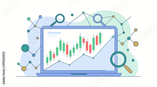 Flat vector illustration of financial data analysis, laptop displaying stock charts with candlestick patterns and graphs