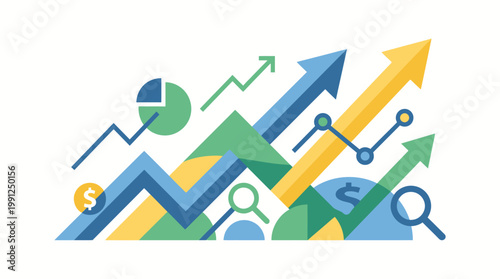 Flat vector illustration of stock market growth analysis, arrows and line charts moving upward with data nodes, strategic financial concept