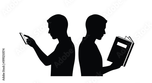 Vector illustration graphic portraying two young men, one absorbed in a physical book, the other scrolling a smartphone, depicting a contemporary contrast in information engagement and learning.