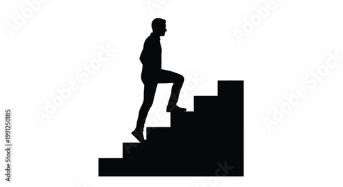 Black silhouette vector illustration featuring an ambitious businessman walking up a set of stairs to represent growth progress success development and career advancement for corporate companies