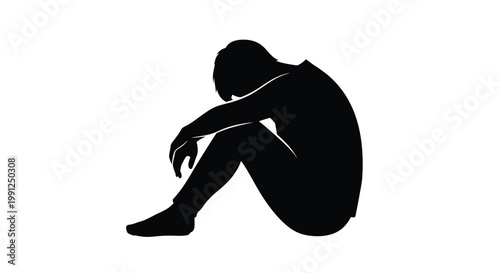 Minimalist vector illustration showing a lonely person sitting in a crouched position while feeling deeply sad depressed or perhaps emotionally overwhelmed by heavy life challenges