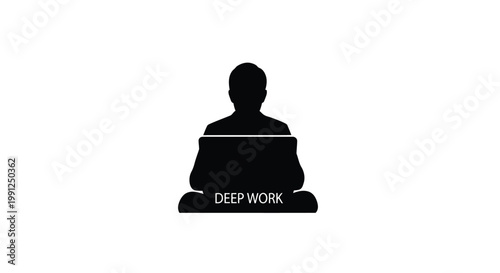 A compelling vector graphic illustration depicting a focused silhouette engaged in deep work with a laptop, symbolizing intense concentration, productivity, and dedicated effort.