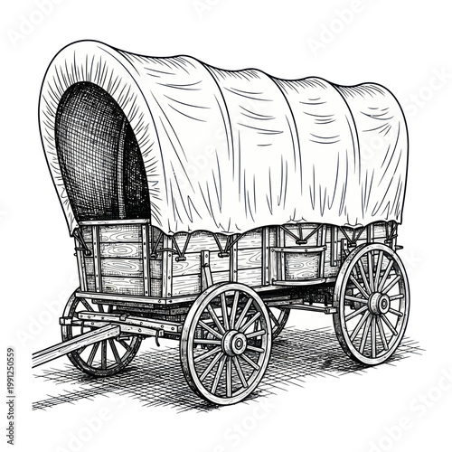 Vintage Covered Wagon Drawing, Old West Transportation, Hand-Drawn Sketch