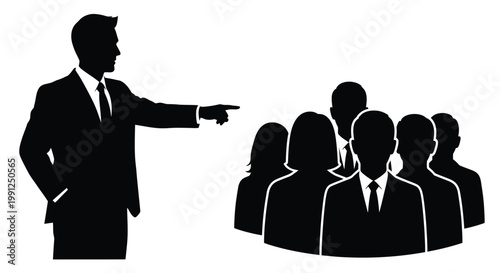 Professional business leader pointing finger towards a group of corporate employees during a formal meeting presentation in this clean black and white vector graphic illustration
