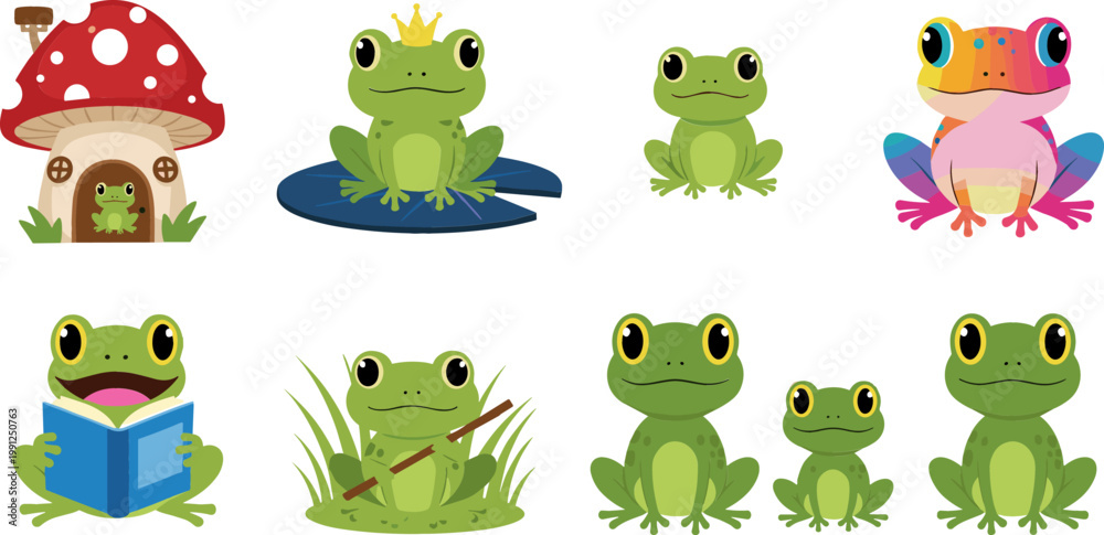 Fototapeta premium Vector Set of Cute Frogs with Various Expressions, Poses, and Accessories for Cartoon, Nature, and Animal Illustrations